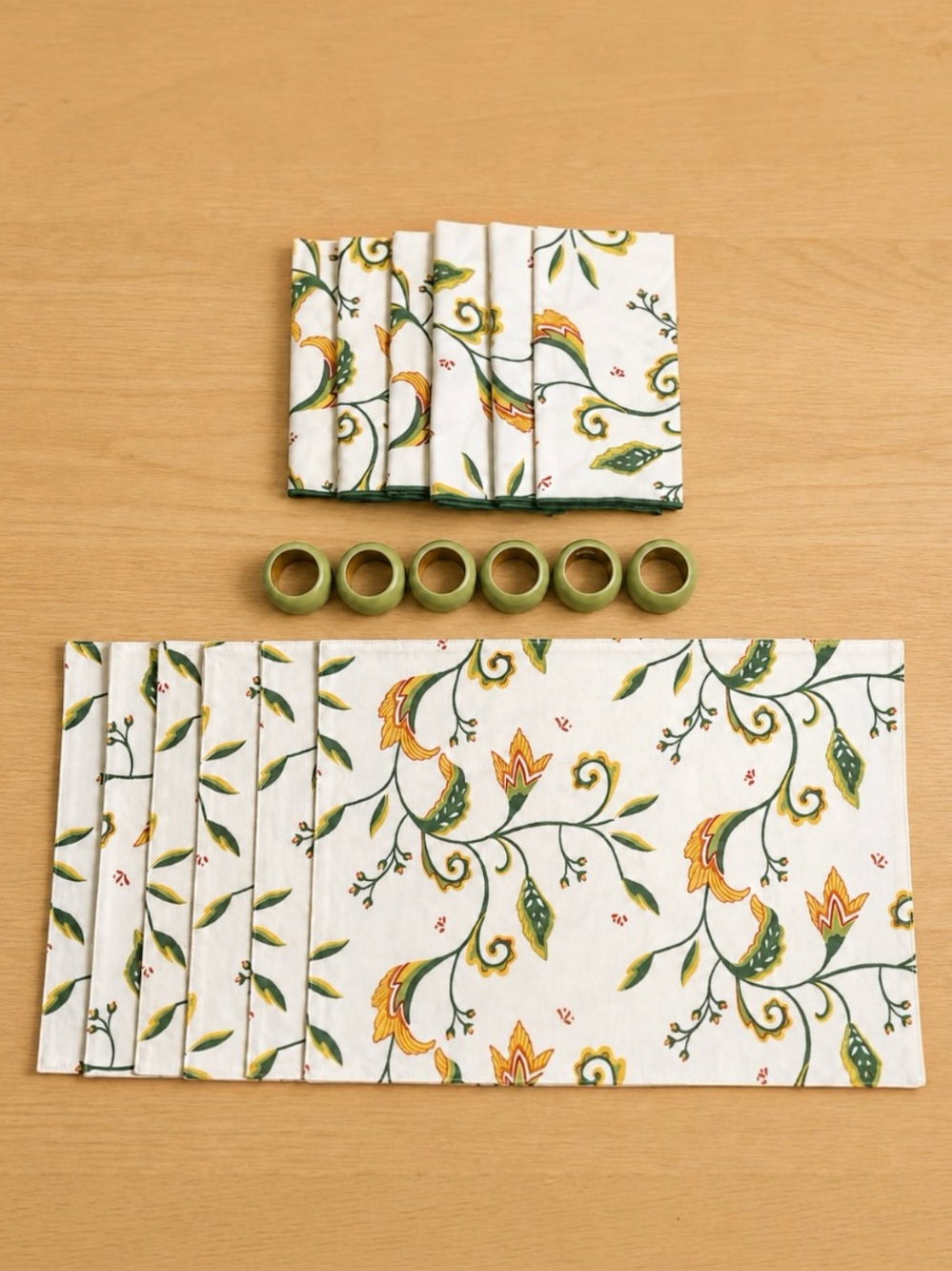 Majolica Jacobean Floral Cotton Linen & Wood Napkin Ring Set 18pc Service for 6